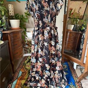 Forever Unique ModCloth Black Floral Ruffle Smocked Midi Dress, Size 12